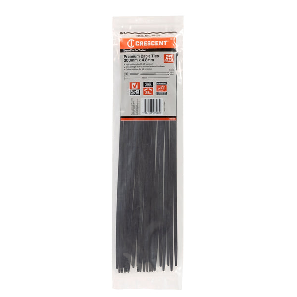 Crescent 300mm x 4.8mm Black Cable Ties - 25 Pack