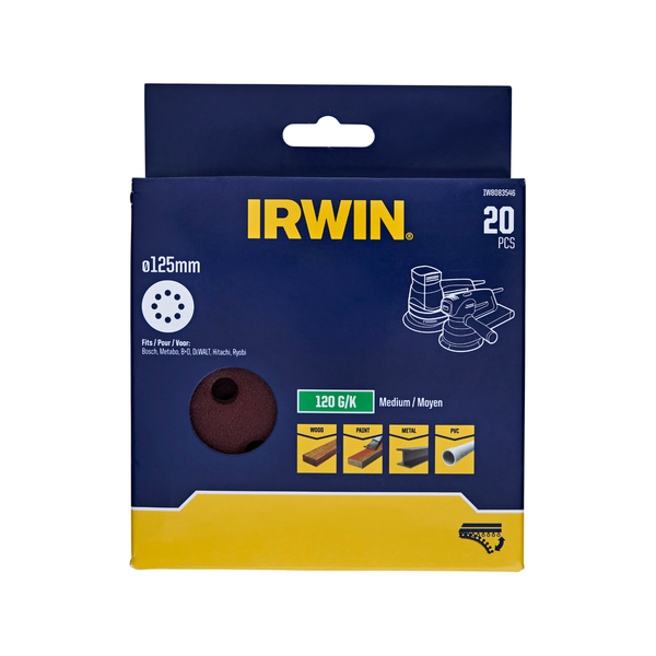 IRWIN 125mm 120 Grit 8 Holes Quick Fit Random Orbital Sanding Discs - 20 Pack