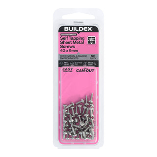 Buildex 4G x 9mm SS316 Self Tapping Sheet Metal Screws - 50 Pack