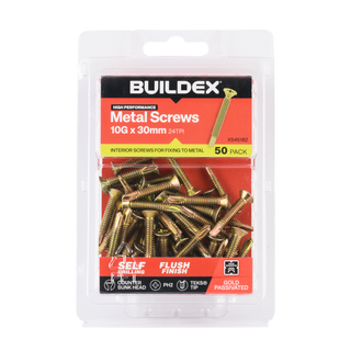 Buildex 10G x 30mm Gold Passivated Sheet Metal Screws - 50 Pack
