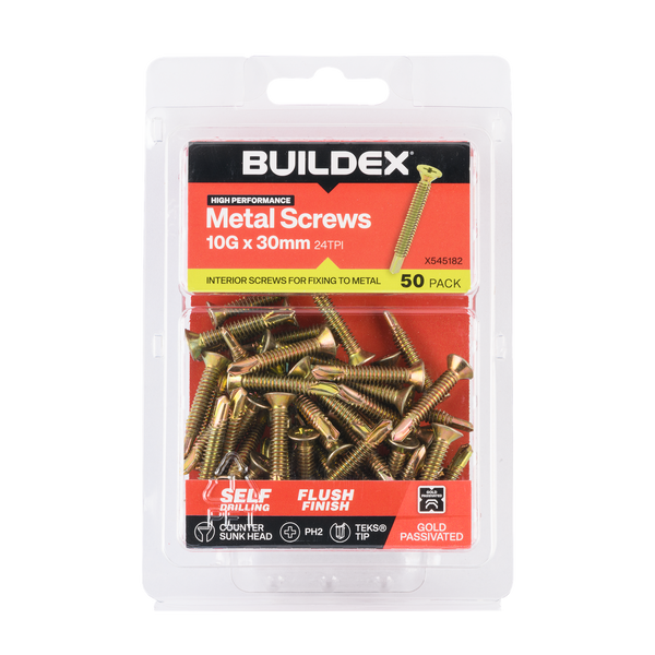 Buildex 10G x 30mm Gold Passivated Sheet Metal Screws - 50 Pack
