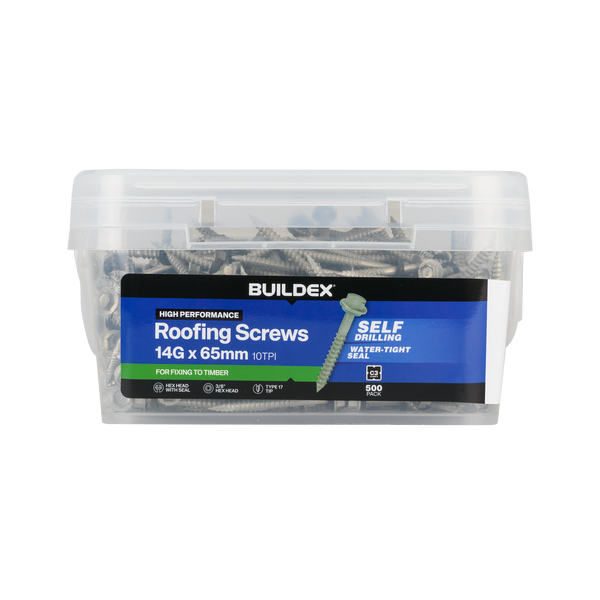 Buildex 14G x 65mm Class 3 Roofing Screws with Seal - 500 Pack