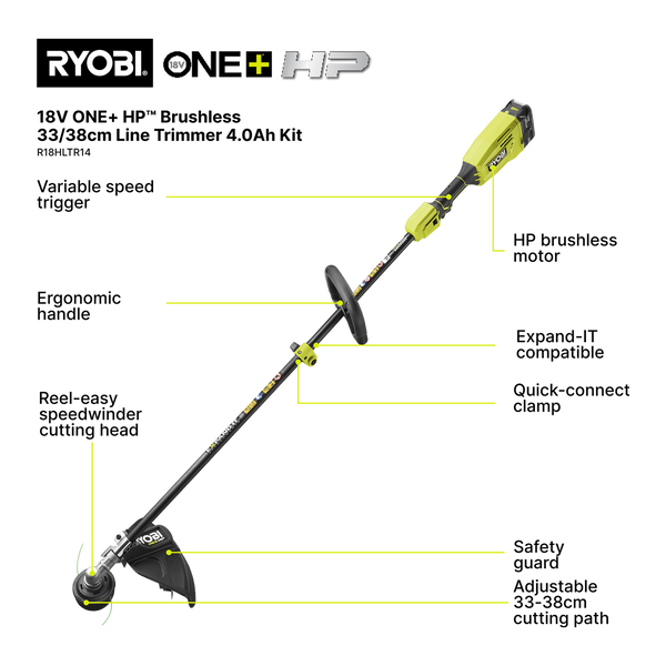 Ryobi 18V ONE+ 33/38cm 4.0Ah HP Brushless Cordless Line Trimmer Kit