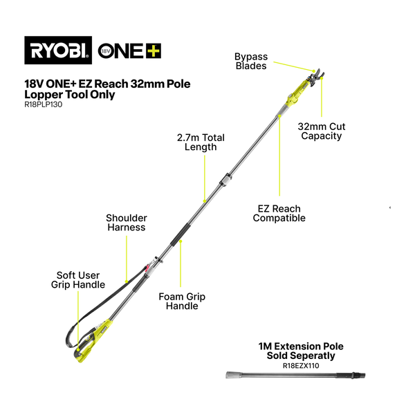Ryobi 18V ONE+ EZ REACH Pole Lopper R18PLP130 - Tool Only