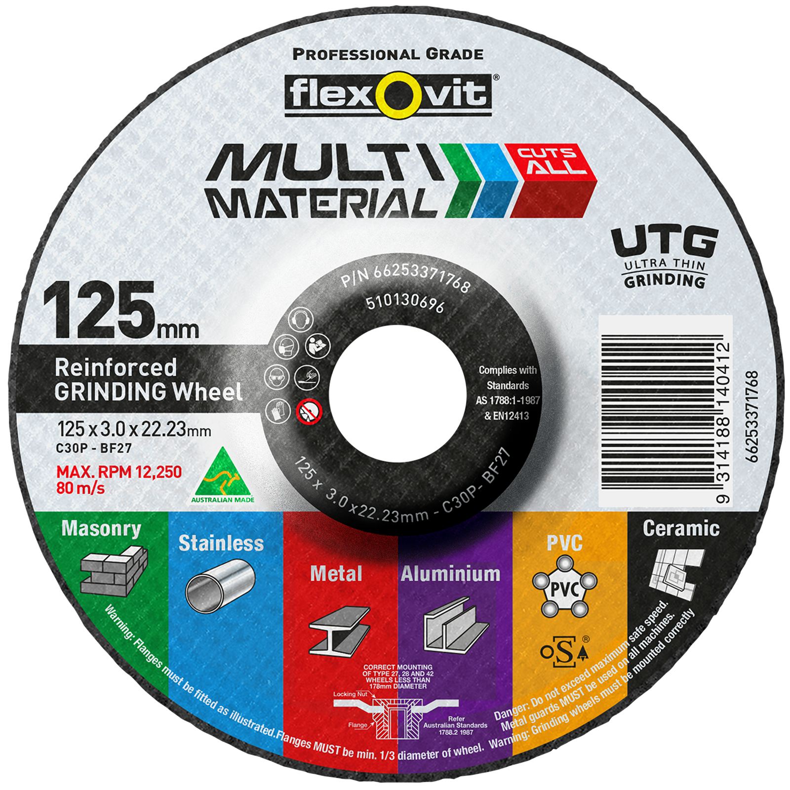 Flexovit 125 x 22.23mm Multi Material Reinforced Grinding Wheel - Image 1 of 1