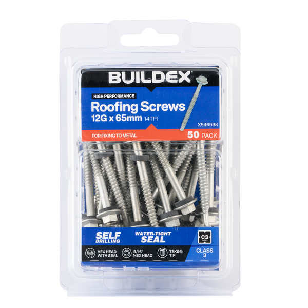 Buildex 12G x 65mm Class 3 Roofing TEKS® Screws with Seal - 50 Pack