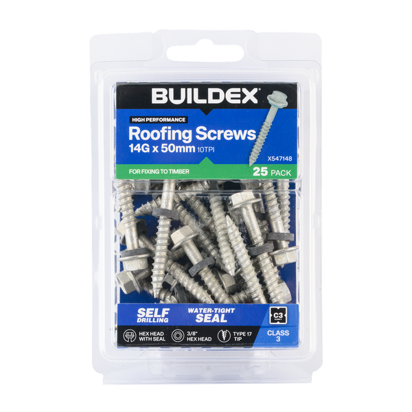 Buildex 14G x 50mm Class 3 Roofing Screws With Seal - 25 Pack