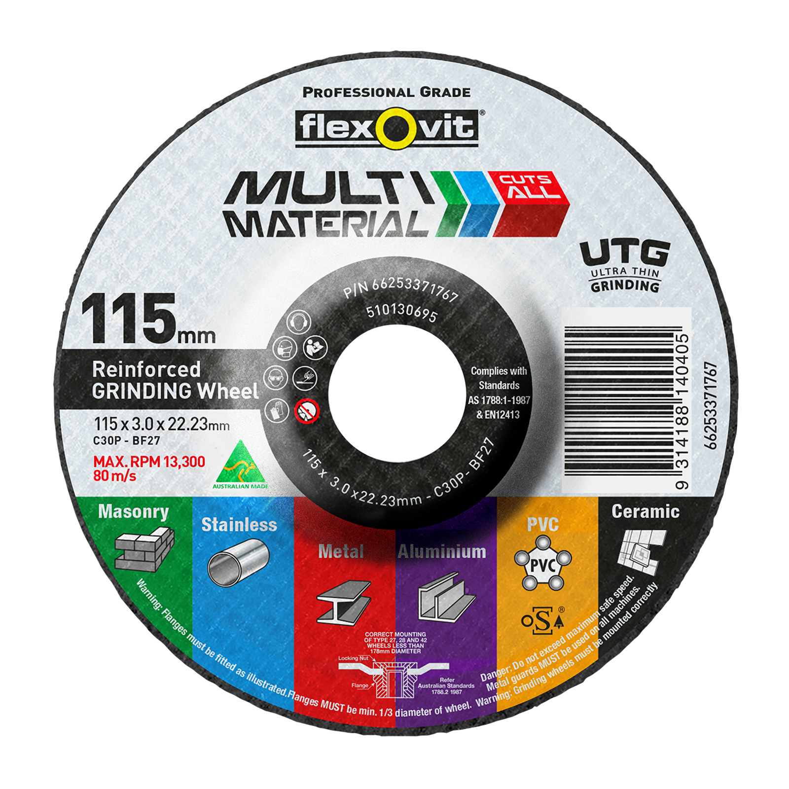 Flexovit 115 x 22.23mm Multi Material Reinforced Grinding Wheel - Image 1 of 1
