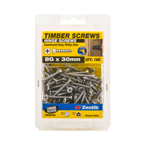 Zenith 8G x 30mm Chrome Plated Countersunk Head Hinge Timber Screws - 100 Pack