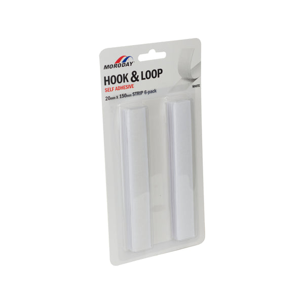 Moroday 20 x 150mm White Hook And Loop Self Adhesive Strip  - 6 Pack