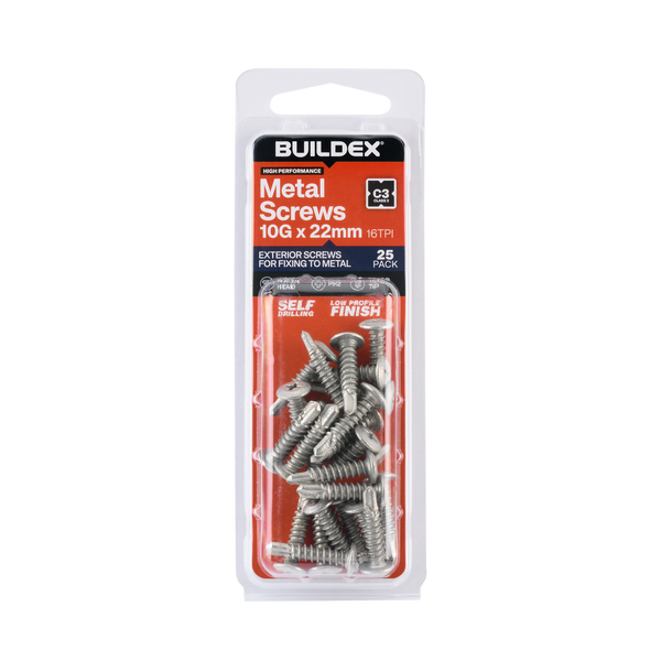 Buildex 10G x 22mm Class 3 Sheet Metal Screws - 25 Pack