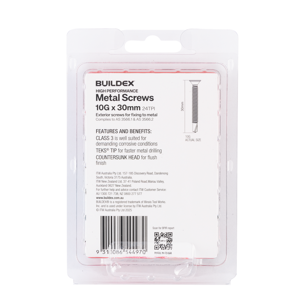 Buildex 10G x 30mm Class 3 Sheet Metal Screws (Countersunk Head) - 50 Pack - Image 2 of 5