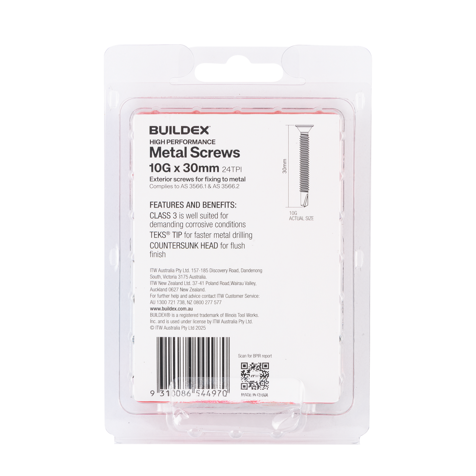 Buildex 10G x 30mm Class 3 Sheet Metal Screws (Countersunk Head) - 50 Pack - Image 2 of 5