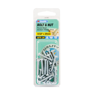 Zenith 5/32" x 25mm Zinc Plated Round Head Bolt And Nut - 20 Pack