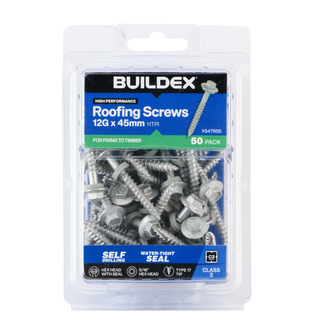Buildex 12G x 45mm Class 3 Roofing Screws with Seal - 50 Pack