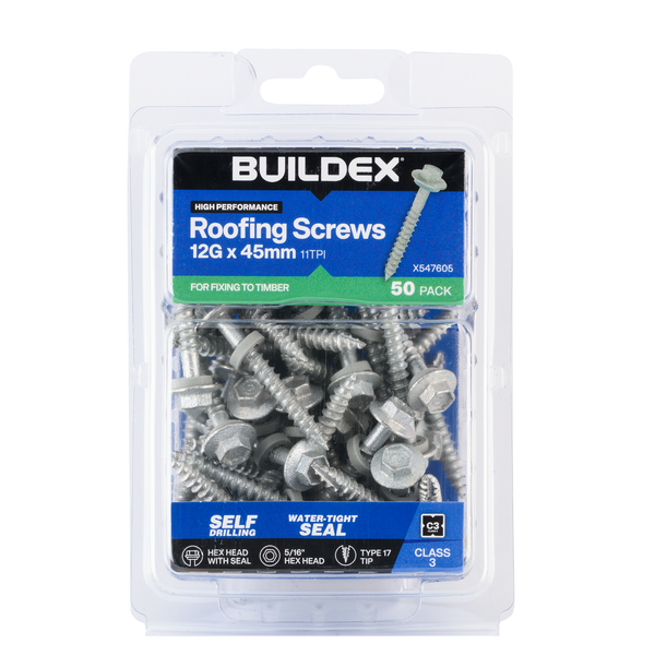 Buildex 12G x 45mm Class 3 Roofing Screws with Seal - 50 Pack