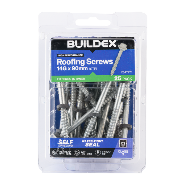 Buildex 14G x 90mm Class 3 Roofing Screws with Seal - 25 Pack