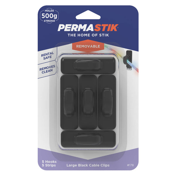 Permastik Large Black Cable Clips - 5 Pack