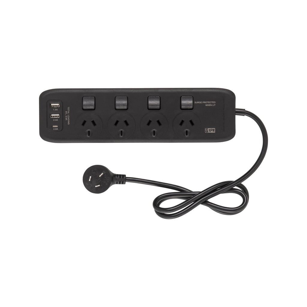 HPM 4 Outlet Black General Purpose USB Switched Powerboard - Image 2 of 2