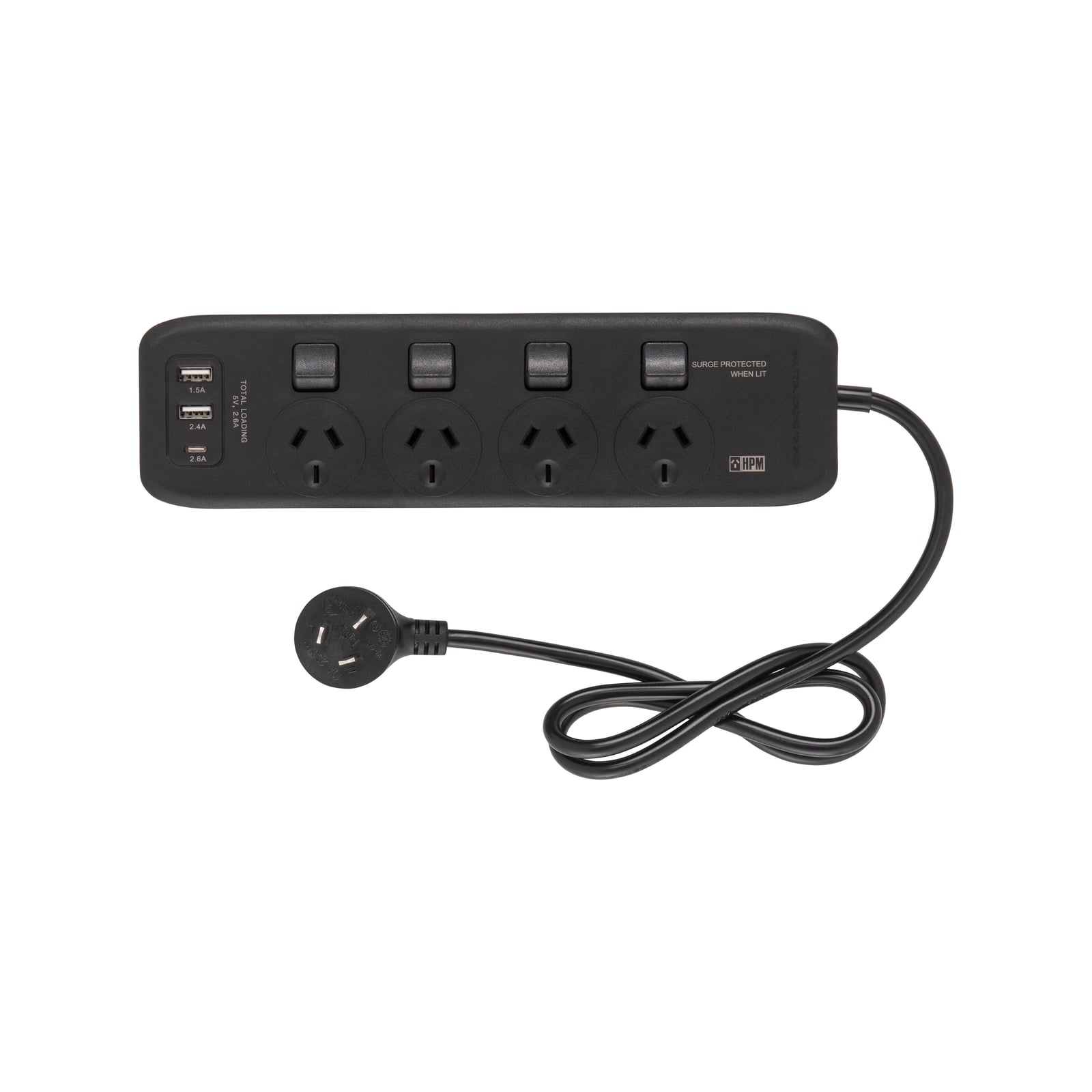 HPM 4 Outlet Black General Purpose USB Switched Powerboard - Image 2 of 2
