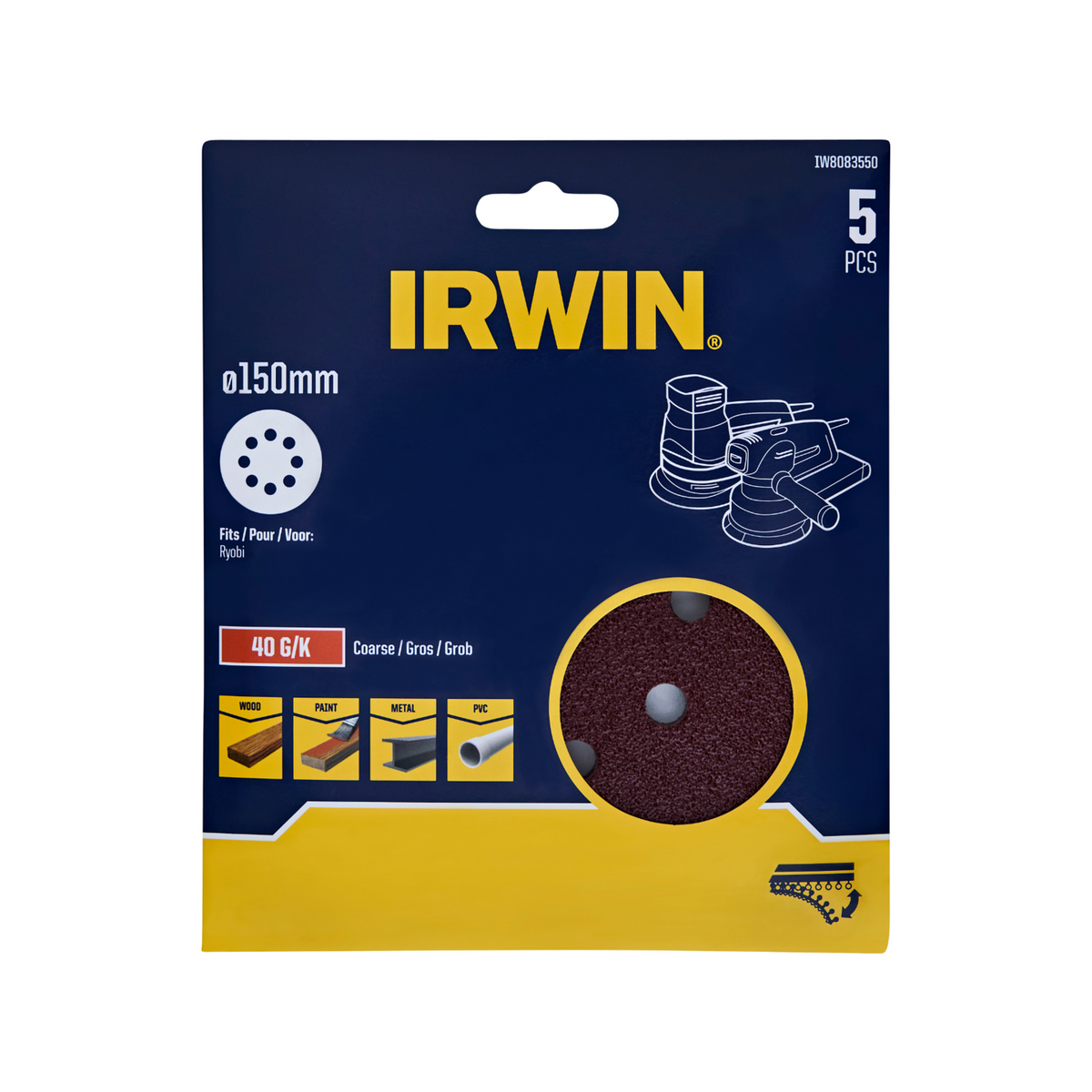 IRWIN 150mm 40 Grit 8 Holes Quick Fit Random Orbital Sanding Discs - 5 Pack - Image 1 of 1