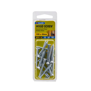 Zenith 10G x 38mm Zinc Plated Countersunk Head Wood Screws - 18 Pack
