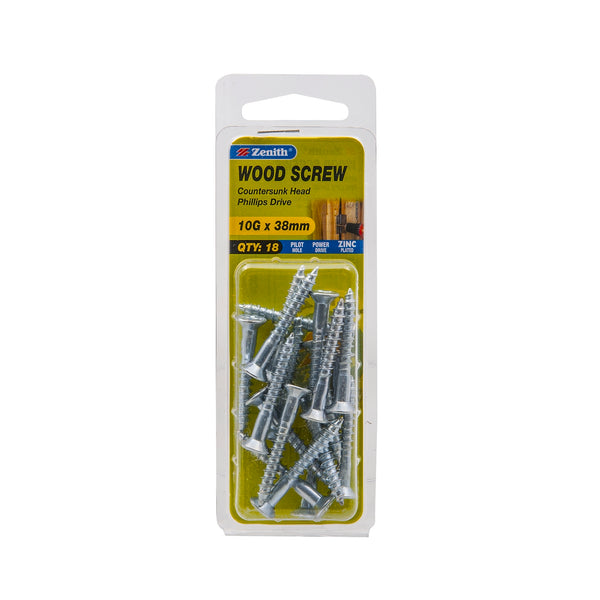 Zenith 10G x 38mm Zinc Plated Countersunk Head Wood Screws - 18 Pack