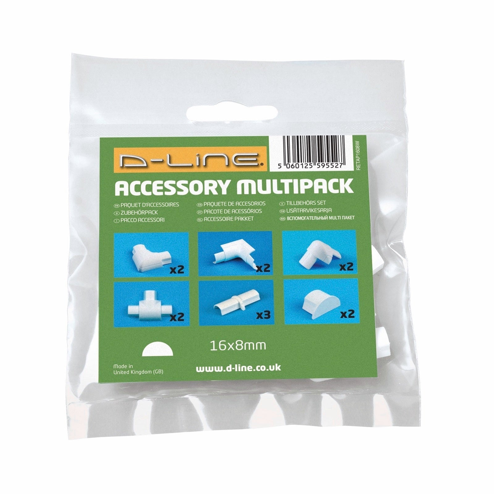 D-Line 16 x 08mm White 13 Piece Smooth Fit Cable Cover Accessories Bends Connectors Endcaps - Image 2 of 2