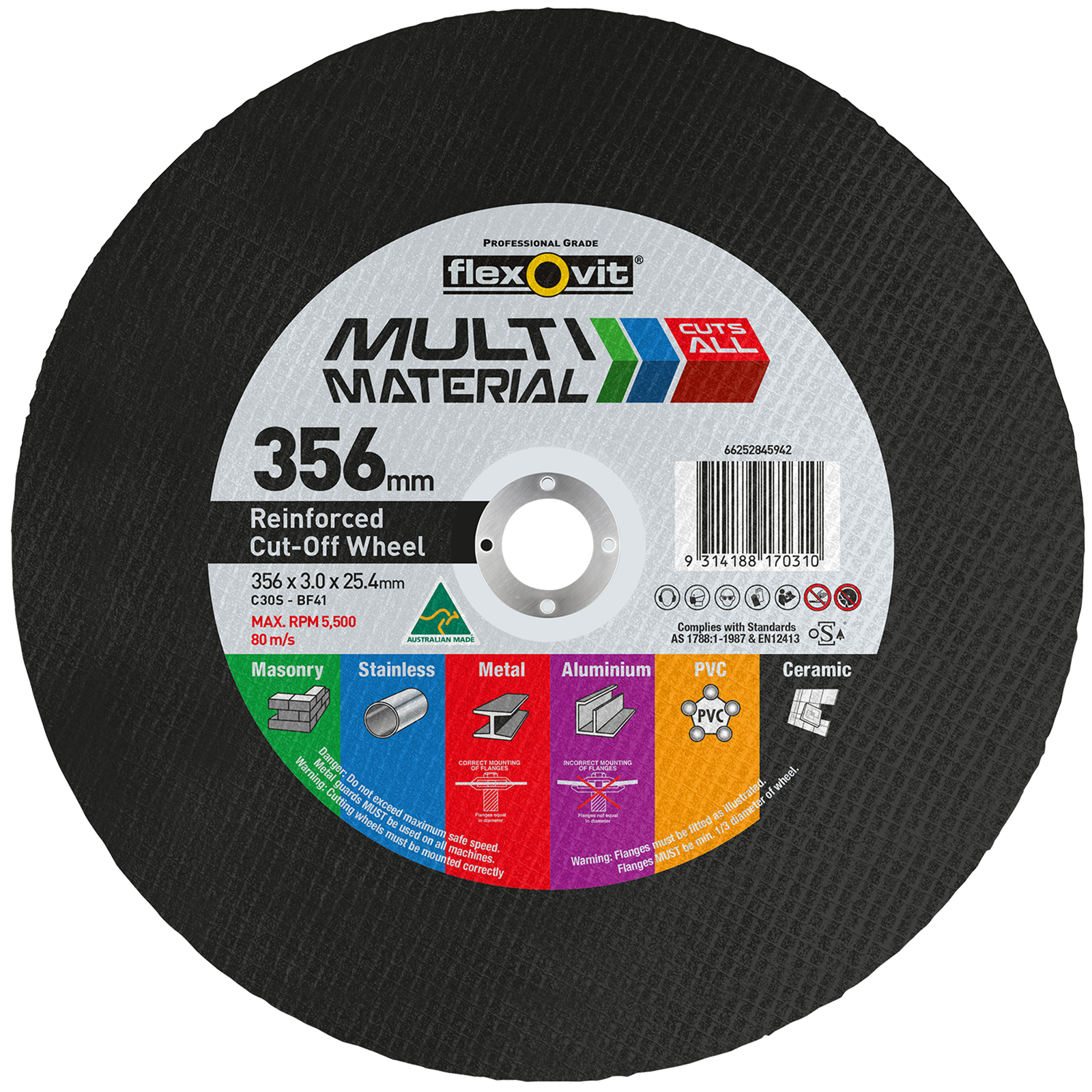 Flexovit 356 x 3.0 x 25.4 Multi Material Reinforced Cut Off Wheel - Image 1 of 1