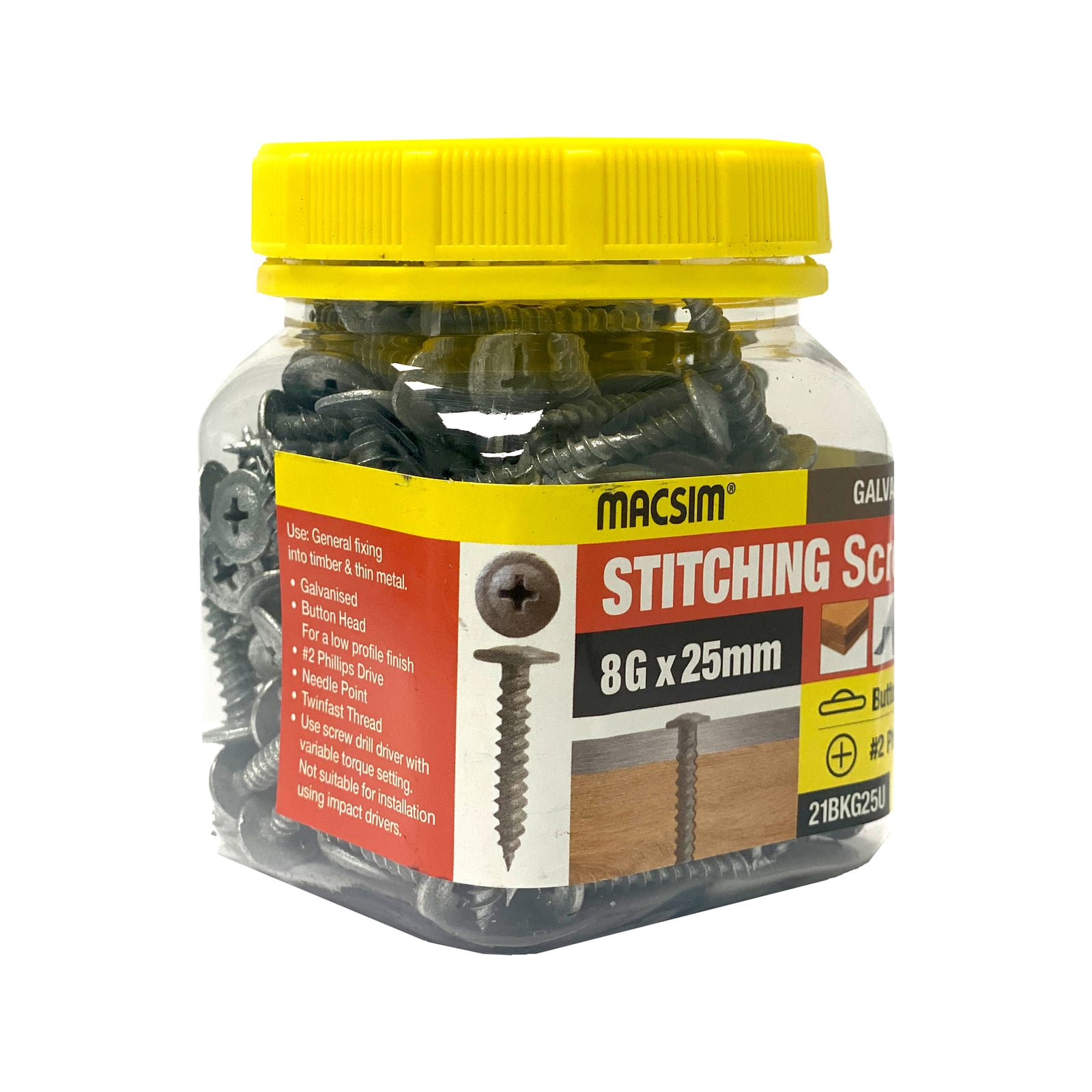 Macsim 8G x 25mm Stitch Button Screws Jar - 200 Pack - Image 1 of 1
