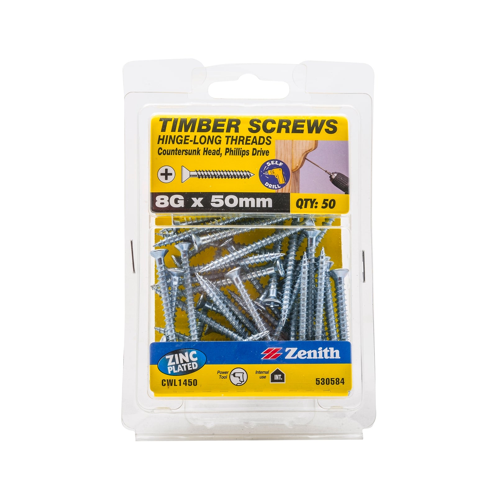Zenith 8g x 50mm Zinc Plated Hinge Long Thread Timber Screws - 50 Pack - Image 1 of 1
