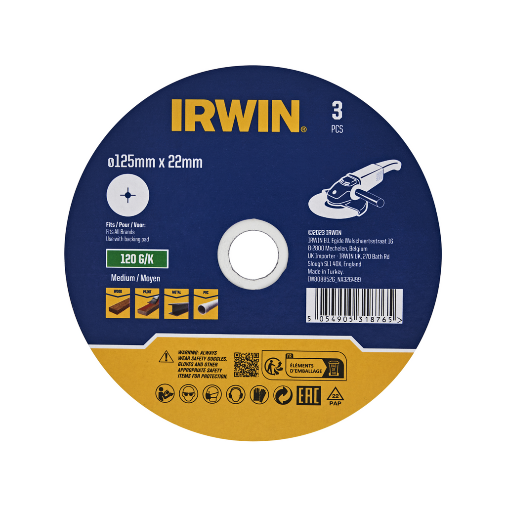 IRWIN 125 x 22mm 120 Grit Fibre Disc - 3 Pack - Image 1 of 2