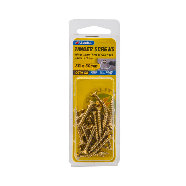 Zenith 8G x 30mm Brass Plated Hinge-Long Threads Countersunk Head Timber Screws - 25 Pack