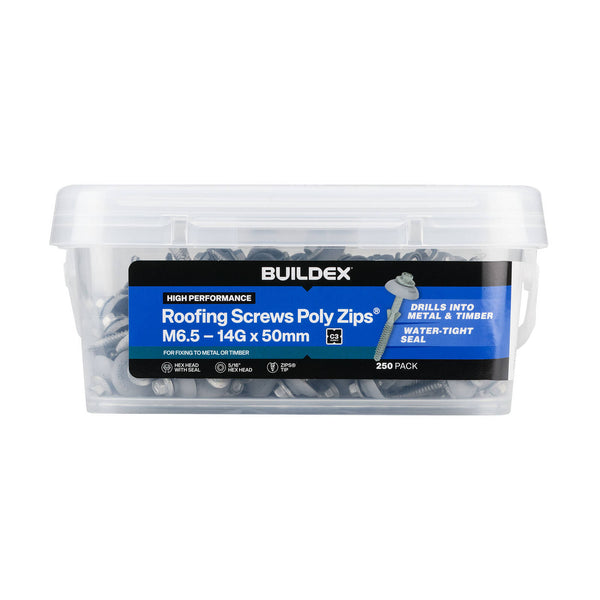 Buildex M6.5 - 14G x 50mm Roofing Screws PolyZIPS With Seal Class 3 - 250 Pack