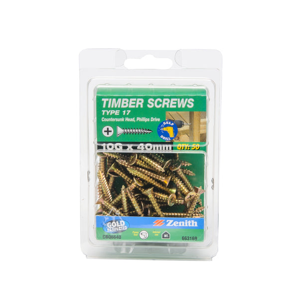 Zenith 10G x 40mm Gold Passivated Type 17 Countersunk Head Timber Screws - 50 Pack