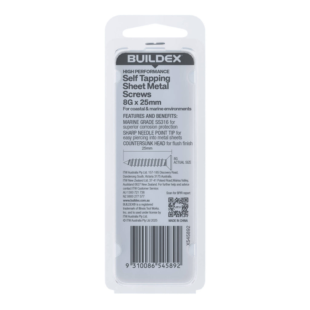 Buildex 8G x 25mm SS316 Self Tapping Sheet Metal Screws - 50 Pack - Image 2 of 5