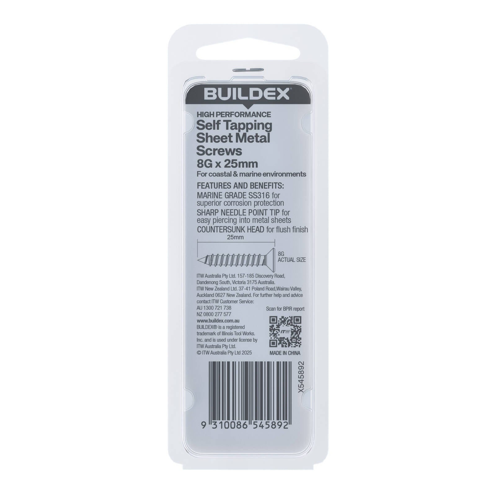 Buildex 8G x 25mm SS316 Self Tapping Sheet Metal Screws - 50 Pack - Image 2 of 5