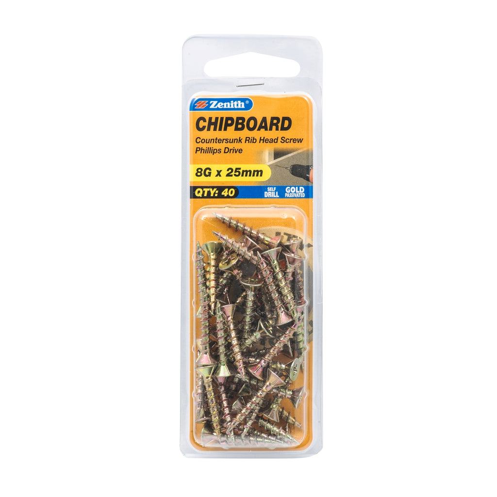 Zenith 8G x 25mm Gold Countersunk Rib Head Chipboard Screws - 100 Pack - Image 1 of 2