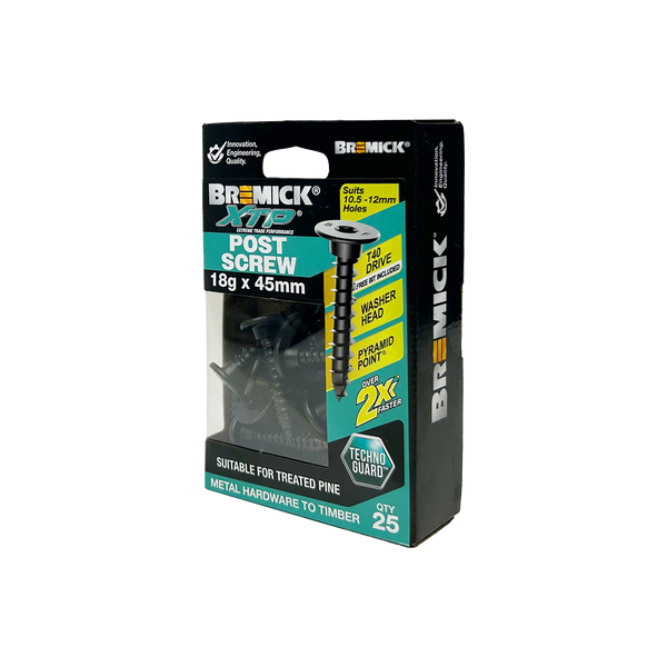 Bremick XTP Post Screw 18g x 45mm TECHNOGUARD BLACK -25 Pack
