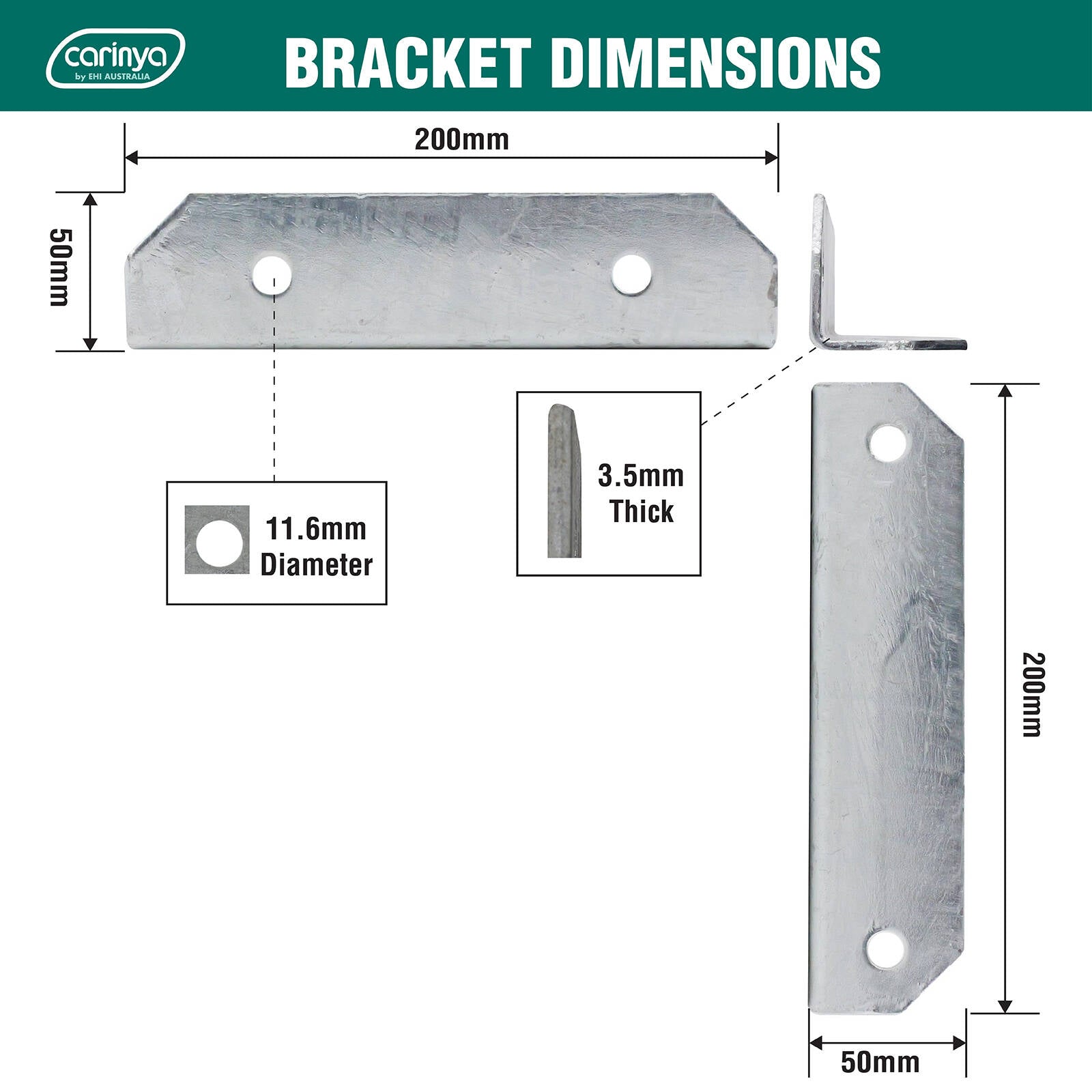 Carinya 50 x 50 x 200 x 3.5mm Galvanised Stair Rail Reinforcing Bracket - Image 4 of 14