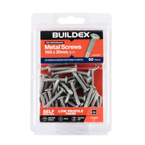 Buildex 10G x 30mm Class 3 Wafer Head Sheet Metal Screws - 50 Pack