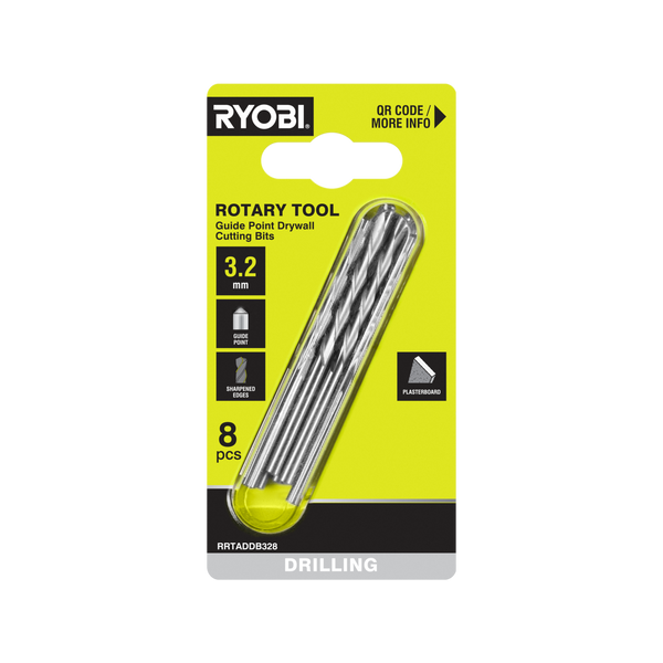Ryobi 3.2mm 8 Piece Rotary Tool Guide Point Plasterboard Drill Bit Set