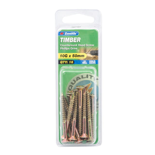 Zenith 10G x 50mm Gold Passivated Countersunk Head Timber Screws - 16 Pack