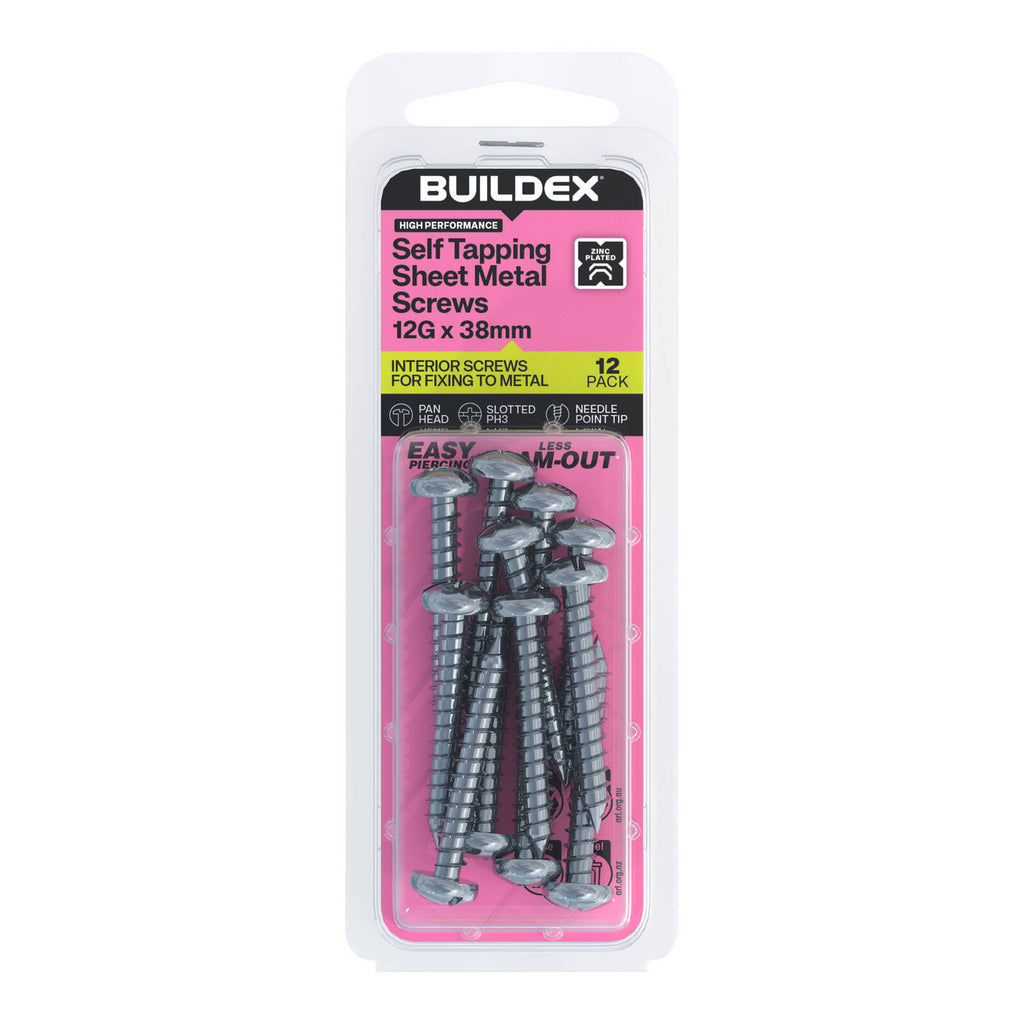 Buildex 12G x 38mm Zinc Plated Self Tapping Sheet Metal Screws - 12 Pack - Image 1 of 3
