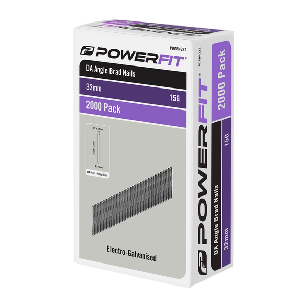 PowerFit 32mm Electro-Galvanised DA Angled Brad Nails - 2000 Pack