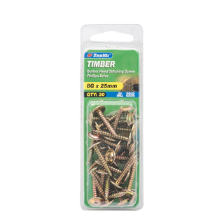 Zenith 8G x 25mm Button Head Timber Stitching Screws - 30 Pack