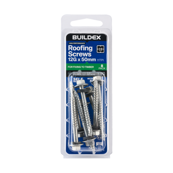 Buildex 12G x 50mm Class 3 Roofing Screws with Seal - 8 Pack