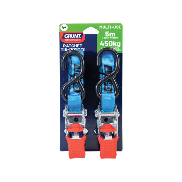 GRUNT 25mm x 5m 450KG Ratchet Tie Down - 2 Pack