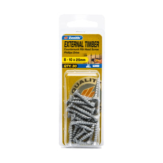 Zenith 8 - 10 x 25mm Galvanised Countersunk Rib Head External Timber Screws - 30 Pack