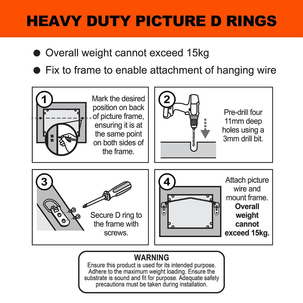 Everhang 15kg Zinc Plated Heavy-Duty Picture Hanging D-Ring - 4 Pack - Image 4 of 6